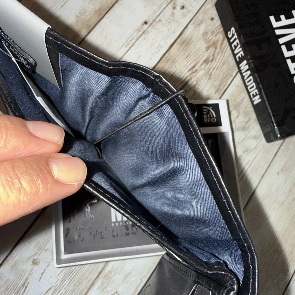 Steve Madden Trifold Wallet‎ Mens Black Genuine Leather RFID Protection NEW